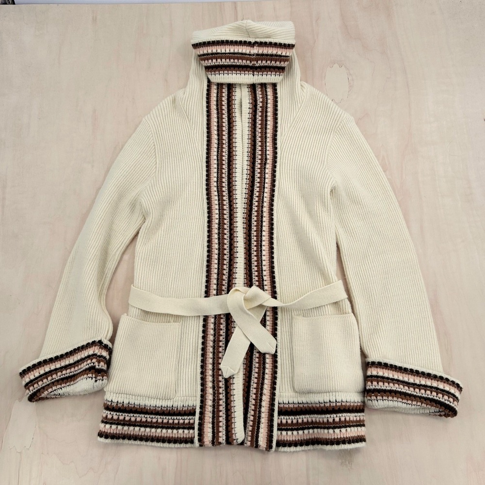 Vintage Herald House Hooded Cardigan Sweater Cream Striped Belted Boho 19" P2P